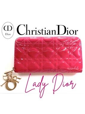 🩷 Lady Dior Christian Dior Cannage Pink Patent Leather Long Zippy Wallet Charm